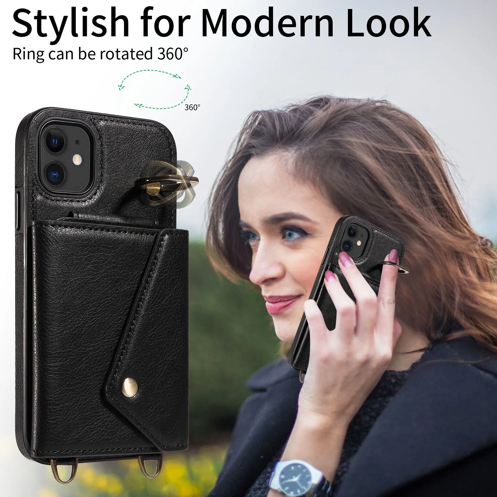 002 Ring Kickstand Cover for iPhone 11 , Card Bag Litchi Texture Leather TPU Phone Case with Shoulder Strap