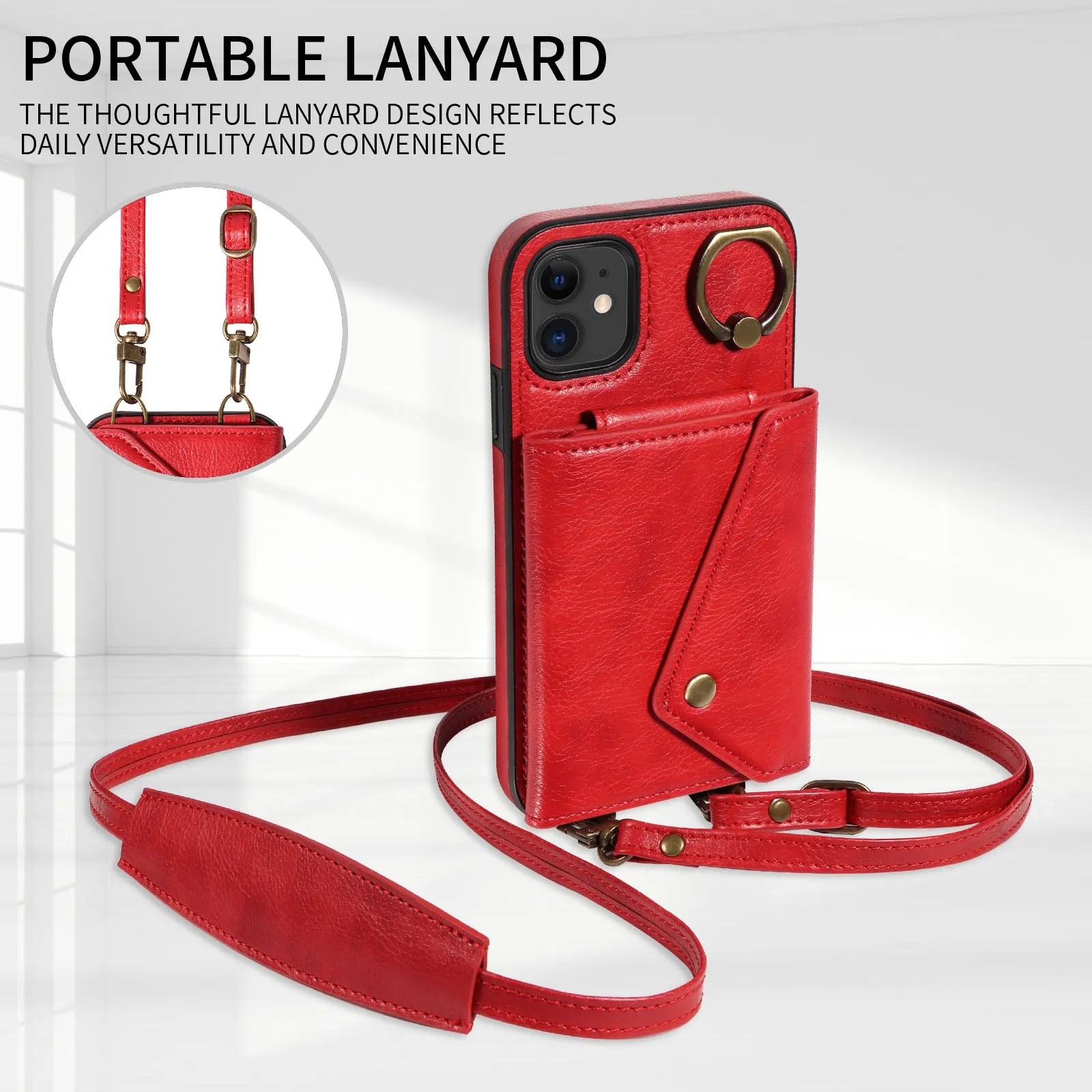 002 Ring Kickstand Cover for iPhone 11 , Card Bag Litchi Texture Leather TPU Phone Case with Shoulder Strap