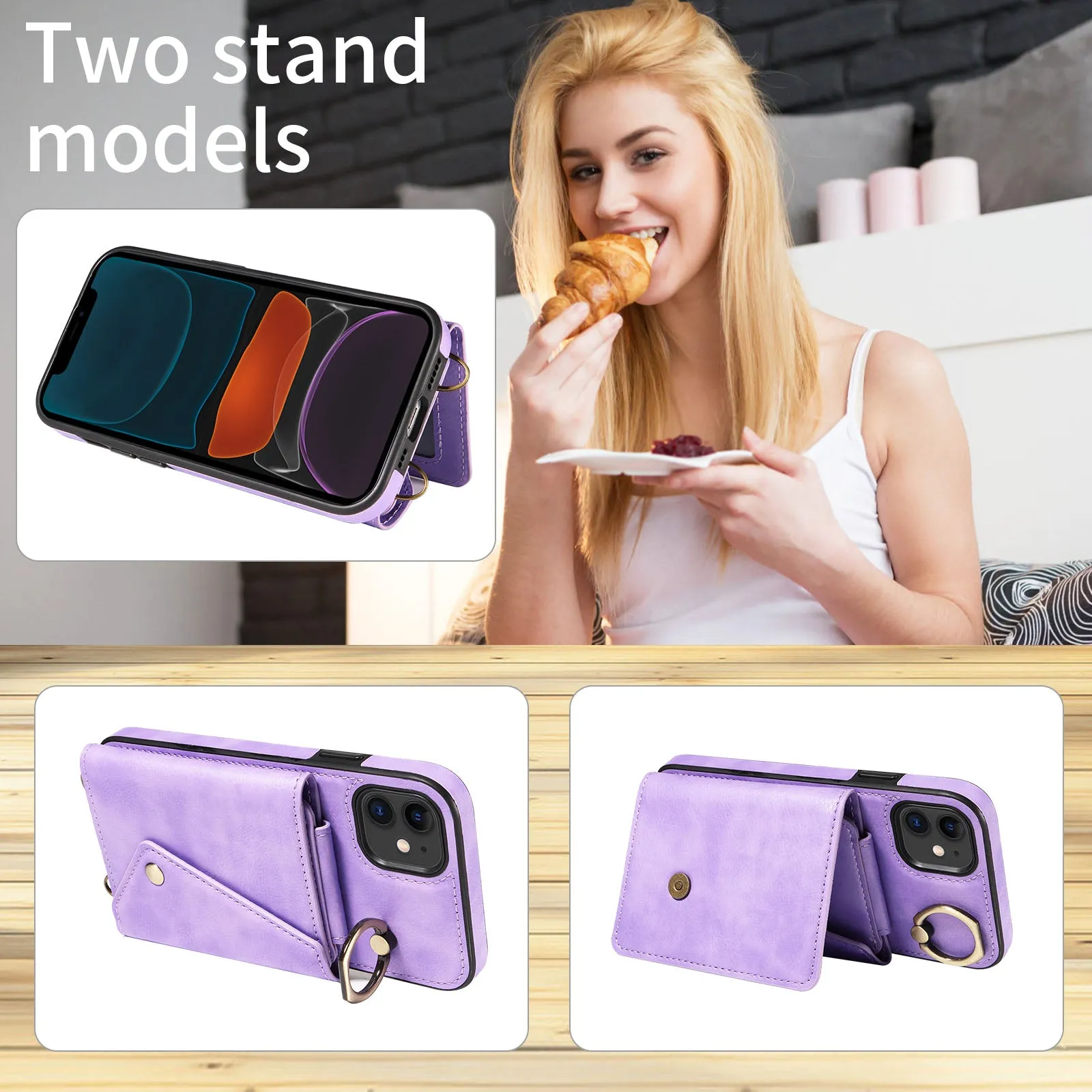 002 Ring Kickstand Cover for iPhone 11 , Card Bag Litchi Texture Leather TPU Phone Case with Shoulder Strap