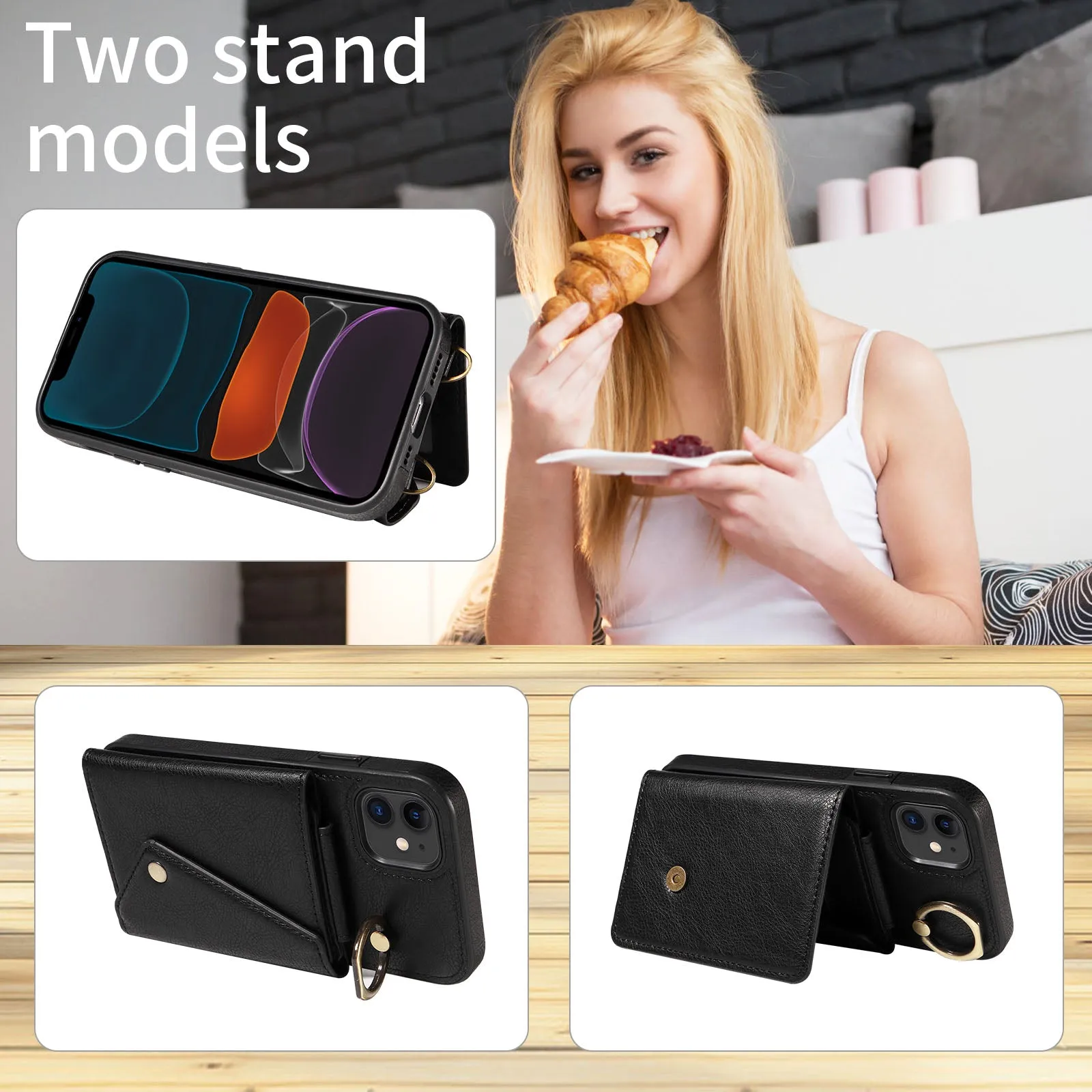 002 Ring Kickstand Cover for iPhone 11 , Card Bag Litchi Texture Leather TPU Phone Case with Shoulder Strap