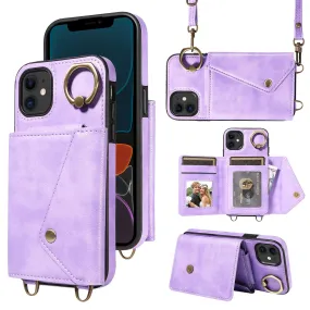 002 Ring Kickstand Cover for iPhone 11 , Card Bag Litchi Texture Leather TPU Phone Case with Shoulder Strap