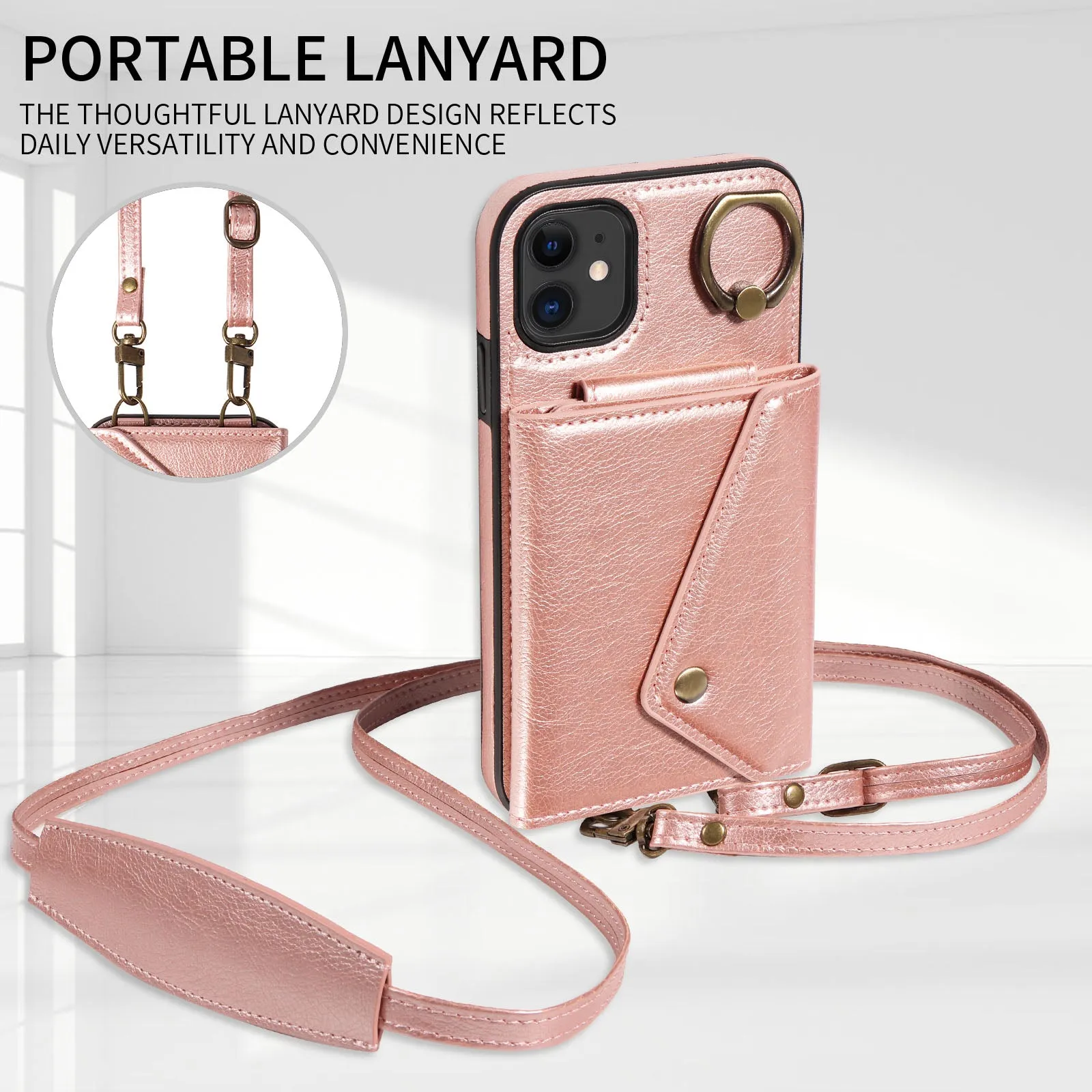 002 Ring Kickstand Cover for iPhone 11 , Card Bag Litchi Texture Leather TPU Phone Case with Shoulder Strap