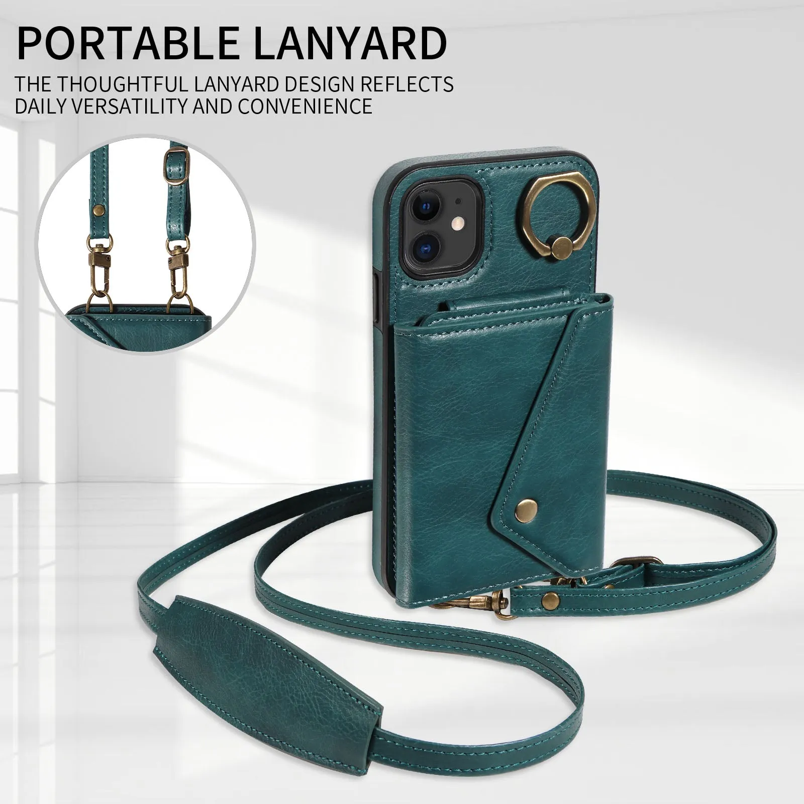 002 Ring Kickstand Cover for iPhone 11 , Card Bag Litchi Texture Leather TPU Phone Case with Shoulder Strap