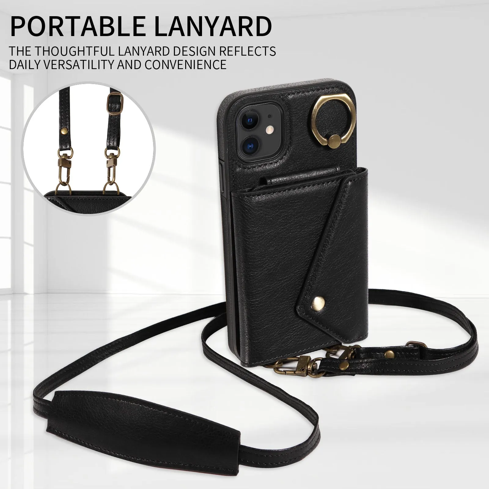 002 Ring Kickstand Cover for iPhone 11 , Card Bag Litchi Texture Leather TPU Phone Case with Shoulder Strap