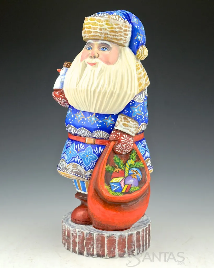 10 inch Blue Russian Santa with Snowman and Toy bag