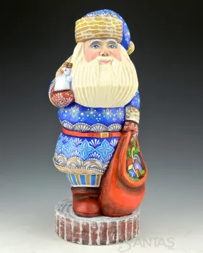 10 inch Blue Russian Santa with Snowman and Toy bag