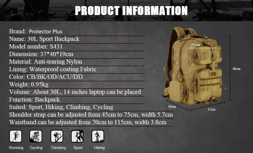 30L Tactical Military Backpack Multi-function Waterproof Nylon Travel Pack Knapsack