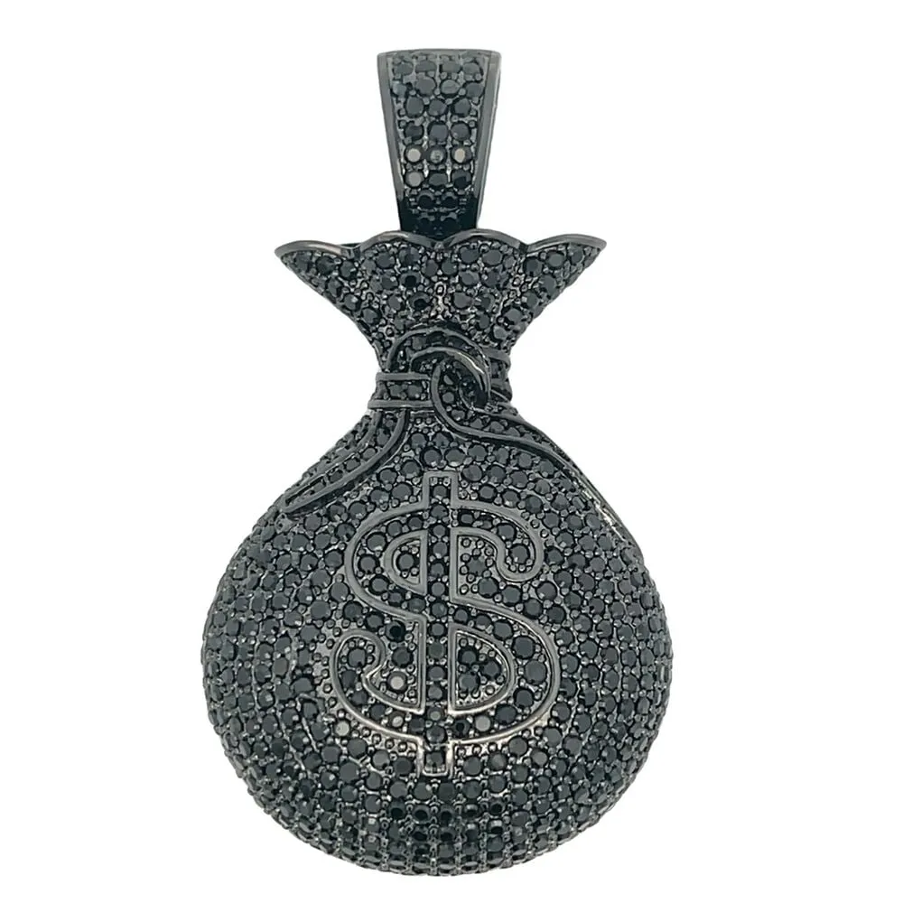 3D Money Bag Black on Black CZ Iced Out Pendant