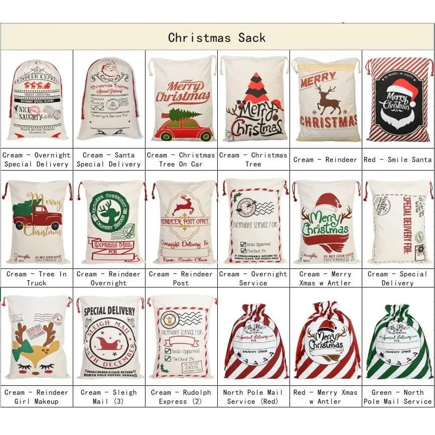 50x70cm Canvas Hessian Christmas Santa Sack Xmas Stocking Reindeer Kids Gift Bag, Cream - Reindeer Express (B)