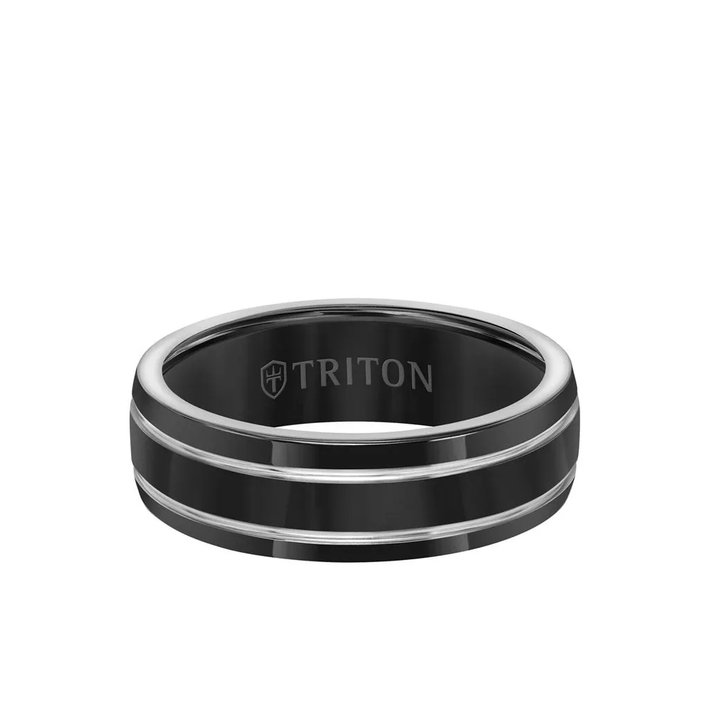 7MM Titanium Ring - Domed Black Satin Center and Bevel Edge