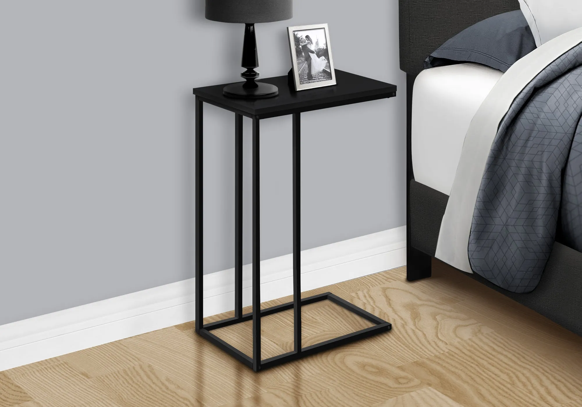 Accent Table, C-shaped, End, Side, Snack, Living Room, Bedroom, Black Laminate, Black Metal, Contemporary, Modern