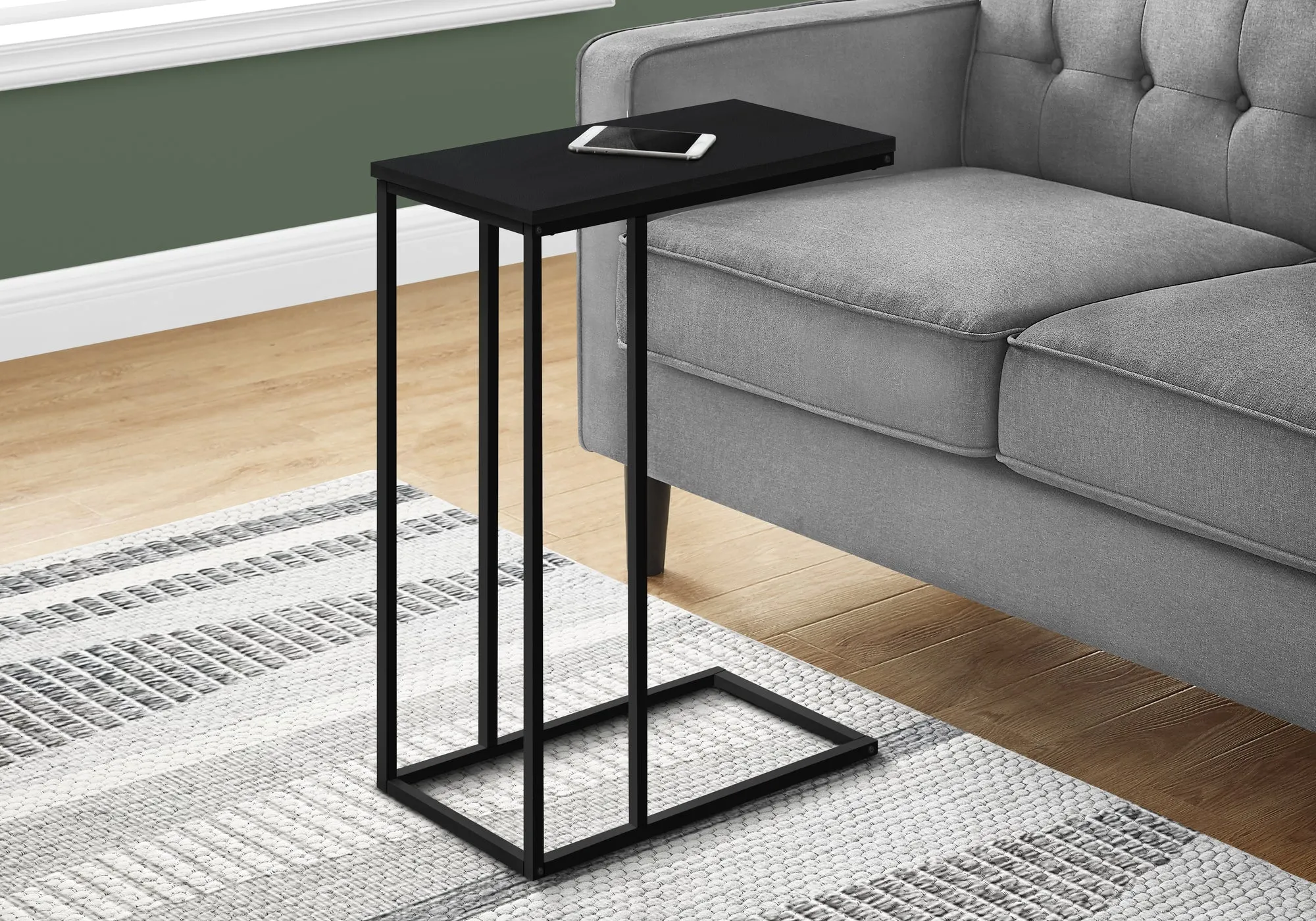 Accent Table, C-shaped, End, Side, Snack, Living Room, Bedroom, Black Laminate, Black Metal, Contemporary, Modern