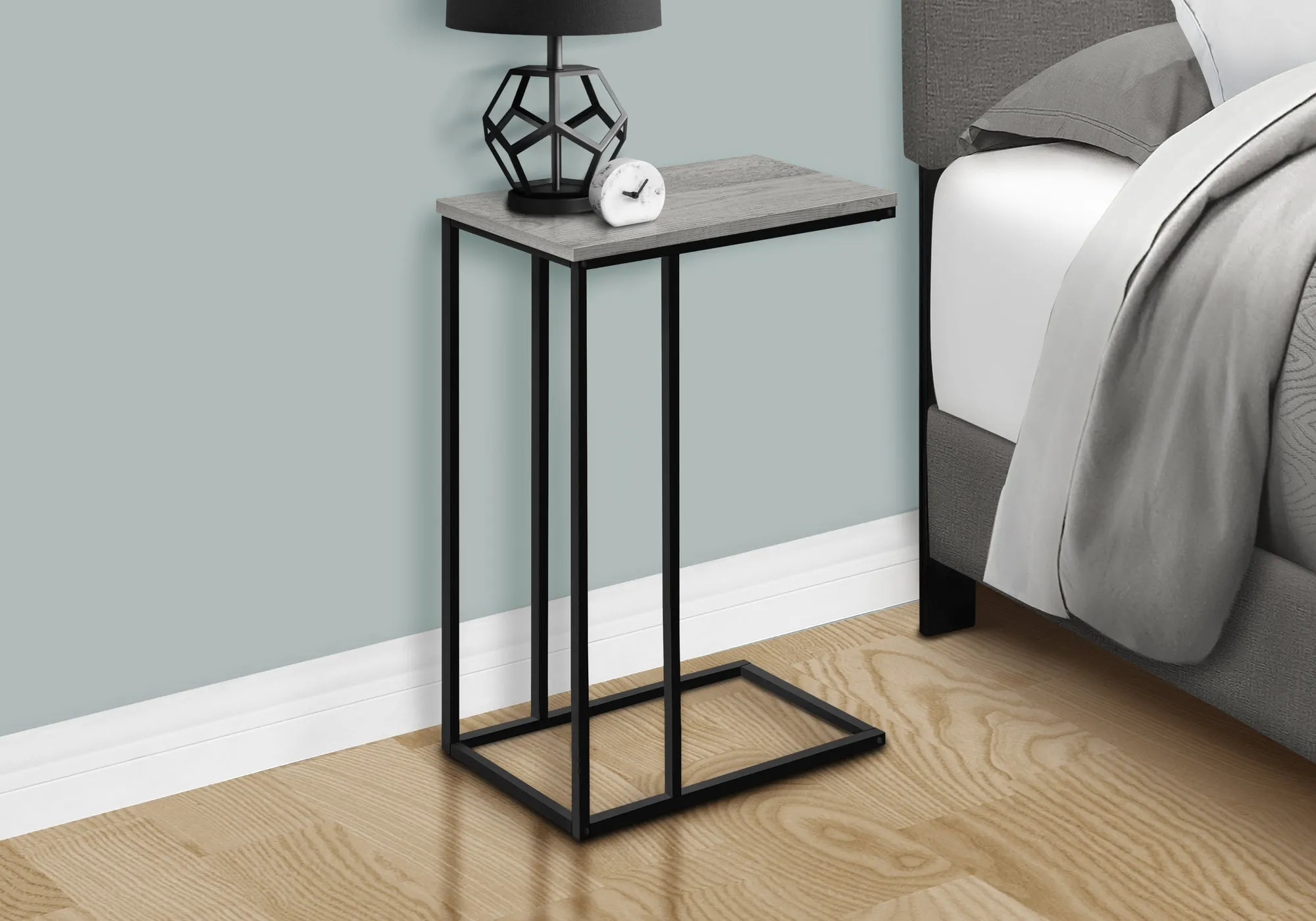 Accent Table, C-shaped, End, Side, Snack, Living Room, Bedroom, Grey Laminate, Black Metal, Contemporary, Modern