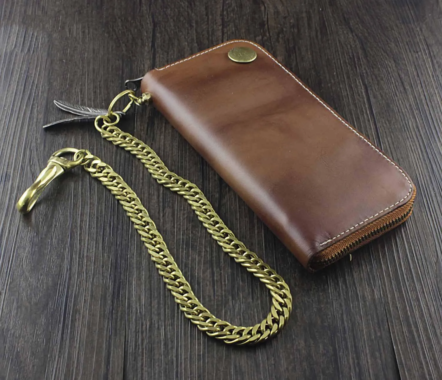 Badass Coffee Leather Men's Long Wallet with Chain Biker Chain Wallet Chain Wallet For Men