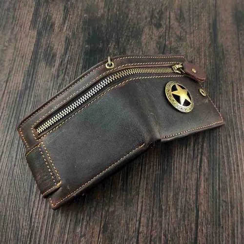 Badass Coffee Star Leather Men's Trifold Small Biker Wallet Chain Wallet Wallet with chain For Men