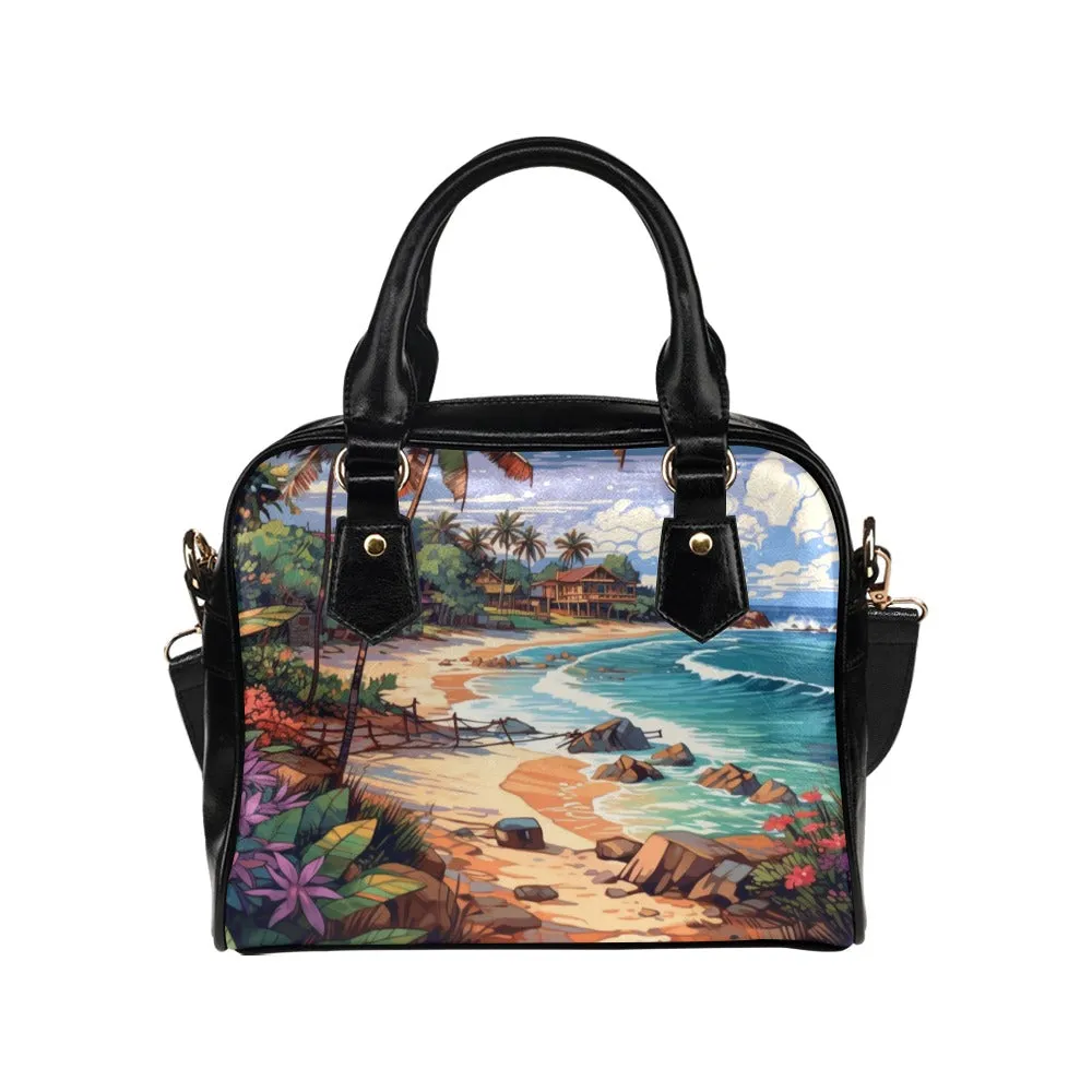 Beach Purse, Tropical Retro Pattern Cute Small Shoulder Zip Bag Vegan Leather Women Designer Handbag Crossbody Ladies