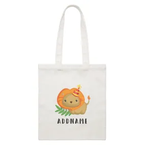 Birthday Safari Lion Wearing Party Hat Addname White Canvas Bag