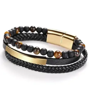 Black Agate & Tiger Eye Multi Bracelet - Gold