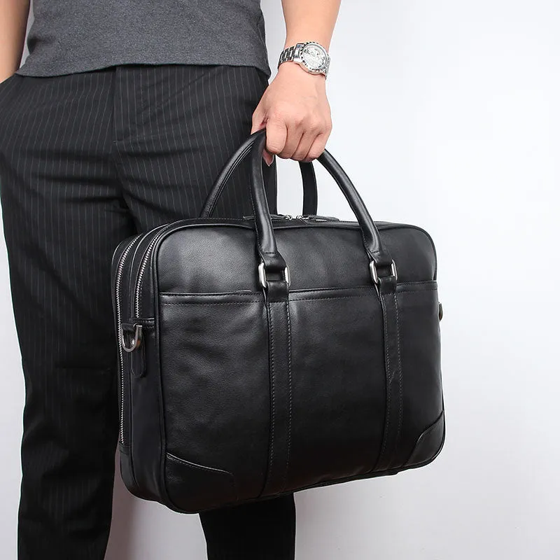 Black Cowhide Leather Briefcase for Men 7348