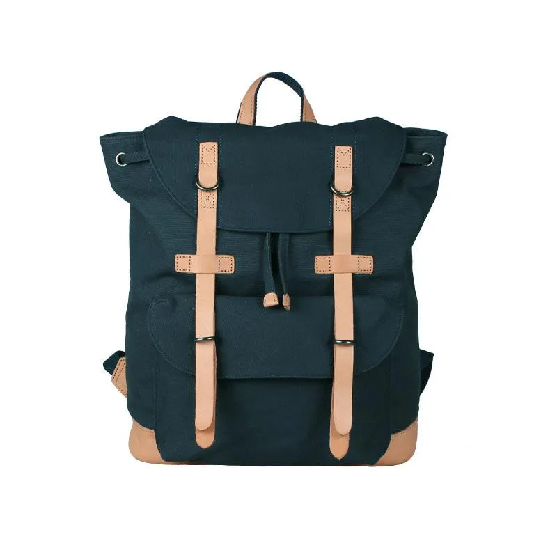 Black Fashion Canvas Leather Mens Laptop Backpack Navy Blue College Backpack Travel Backpack for Men