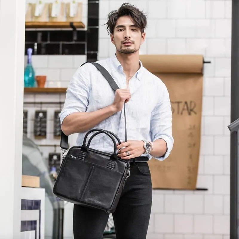 Black Leather Mens 12 inches Briefcase Work Bag Black Laptop Handbag Business Briefcase Shoulder Handbag for Men