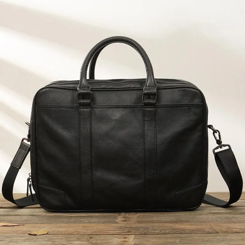 Black Leather Mens 14 inches Briefcase Work Bag Laptop Bag Business Bag for Men