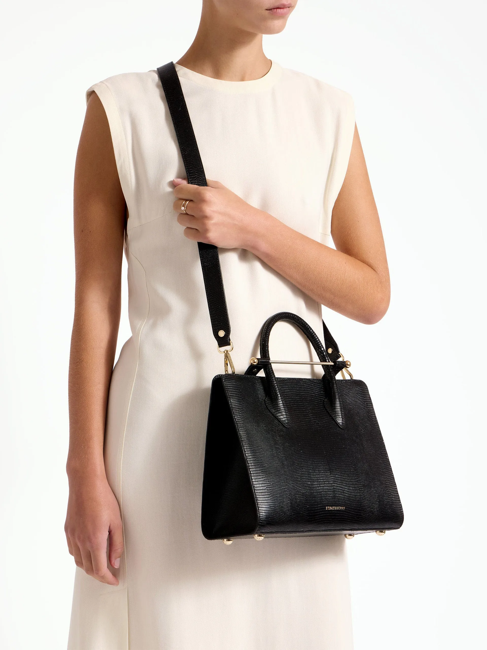 Black lizard-embossed leather The Strathberry midi tote