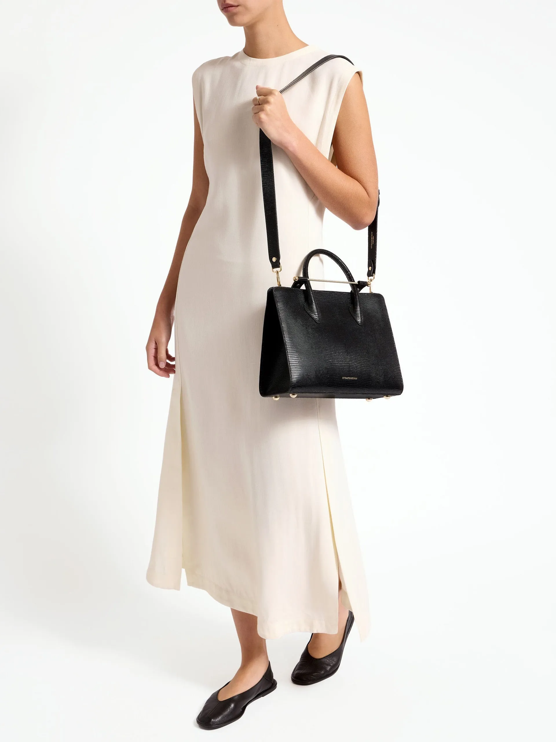 Black lizard-embossed leather The Strathberry midi tote