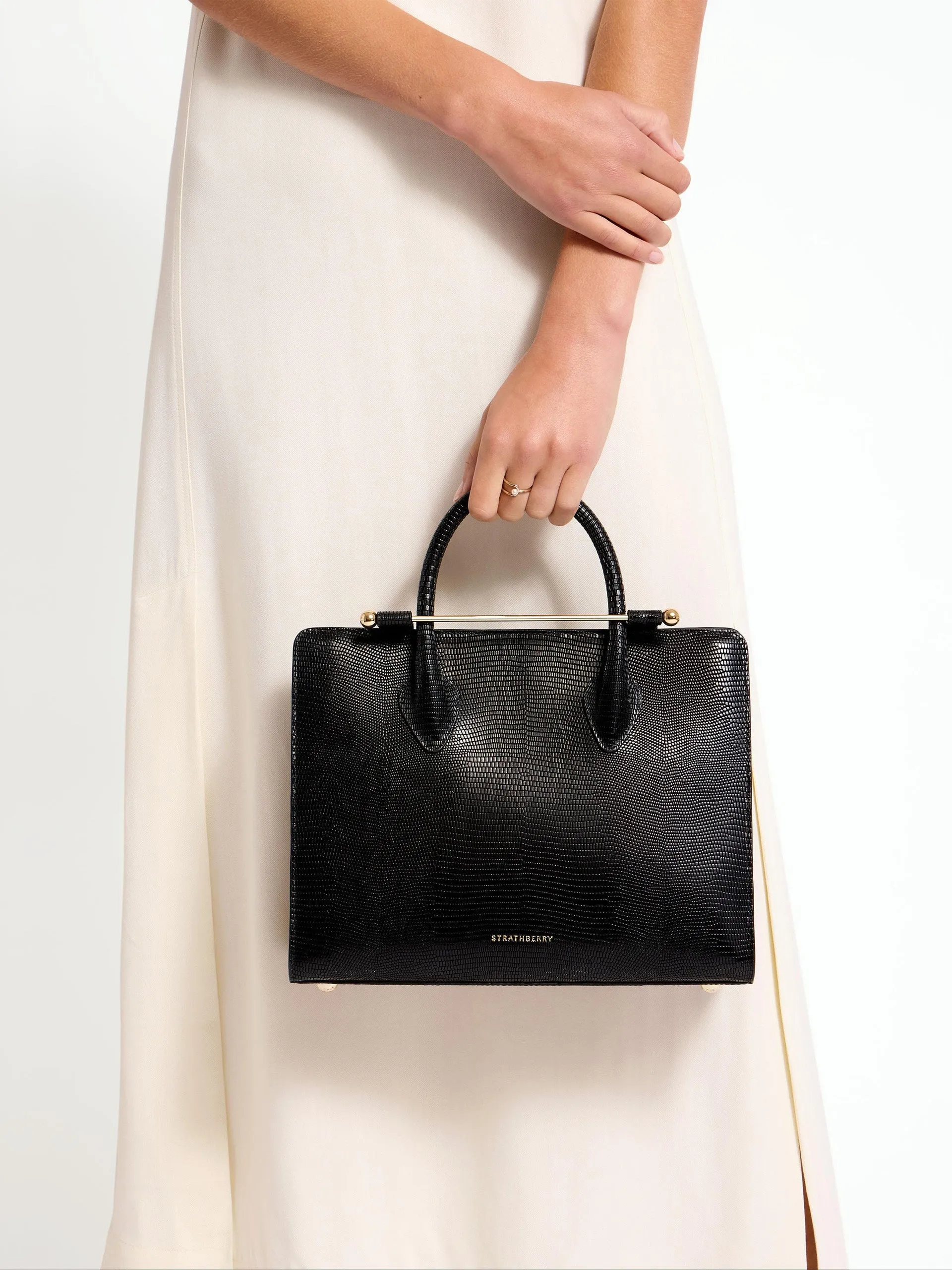 Black lizard-embossed leather The Strathberry midi tote