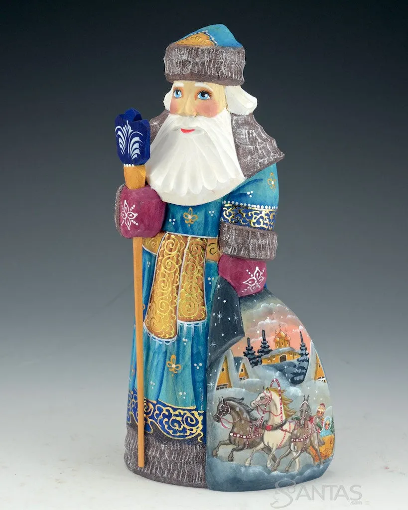 Blue and Gold Russian Santa with Troika Toy Bag