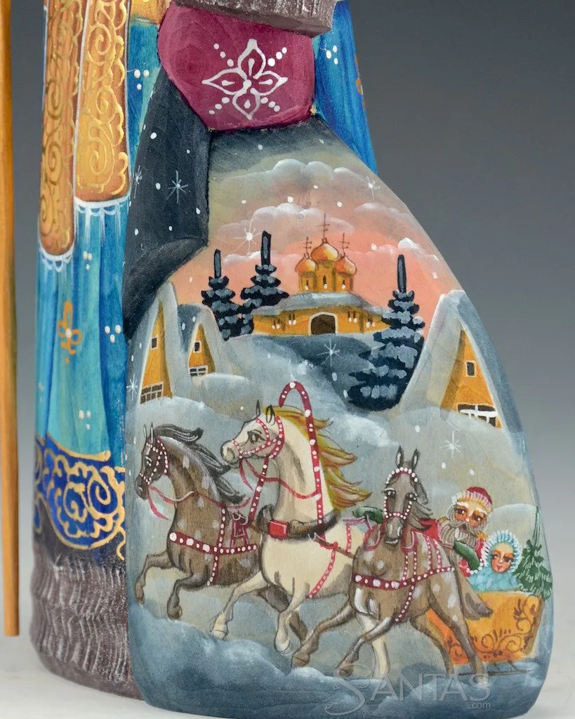 Blue and Gold Russian Santa with Troika Toy Bag