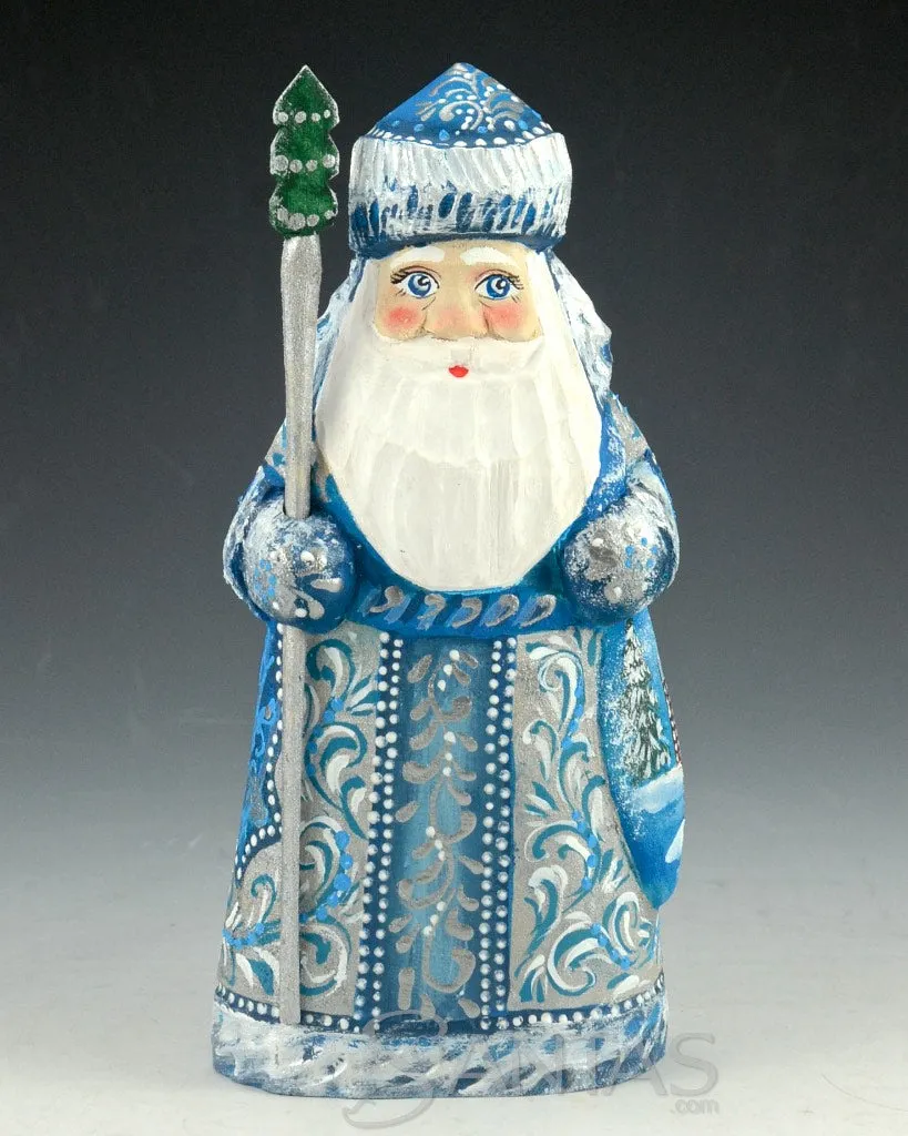 Blue and Silver Russian Santa Carving with staff and Toy Bag 6 inch