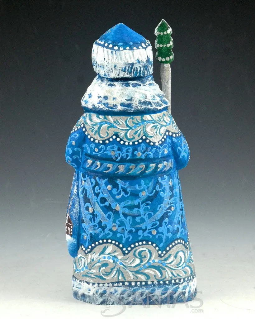 Blue and Silver Russian Santa Carving with staff and Toy Bag 6 inch