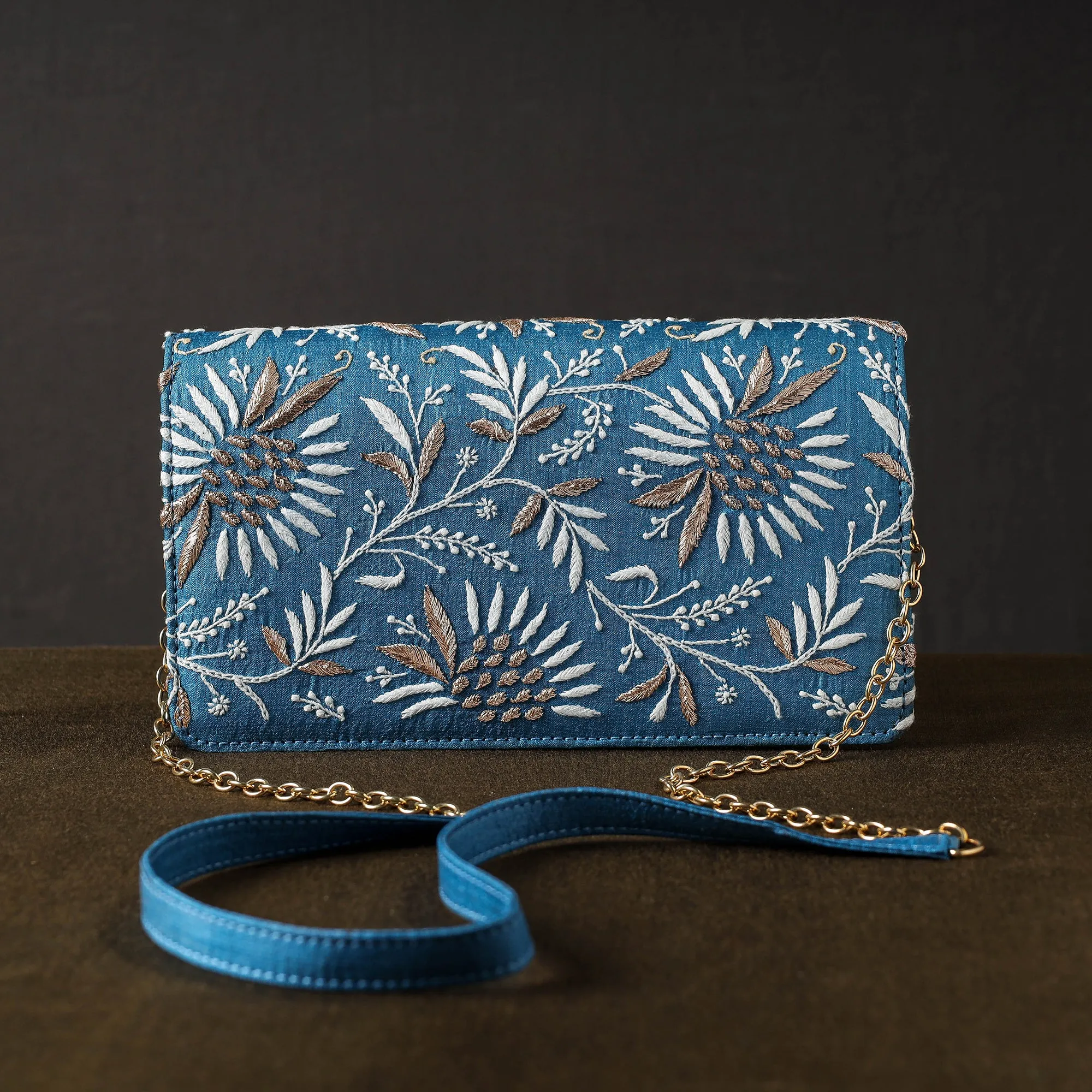 Blue - Chikankari Hand Embroidery Tussar Silk Clutch / Sling Bag