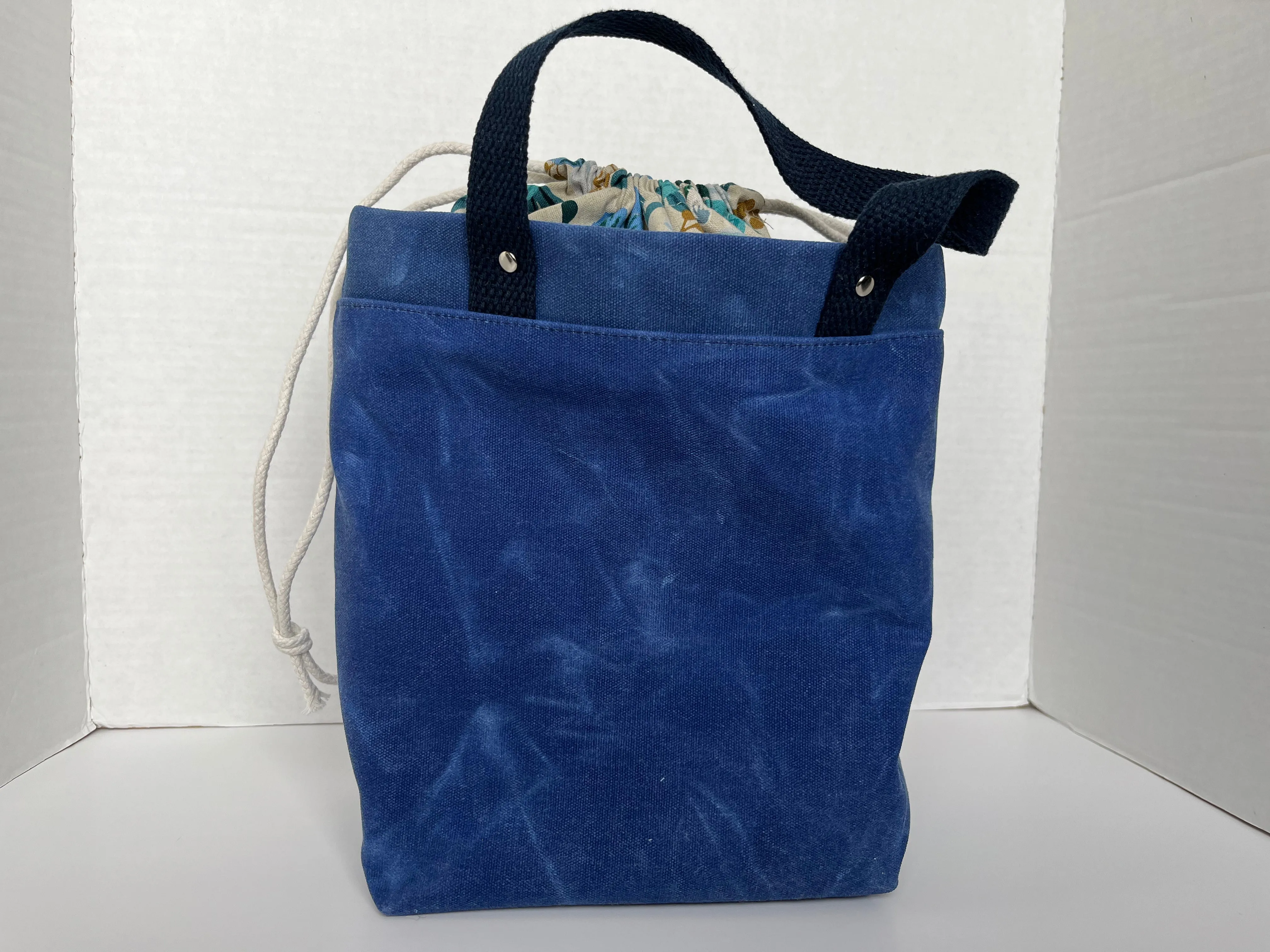 Blue Floral Themed Project Bag, Firefly Tote, Waxed Canvas