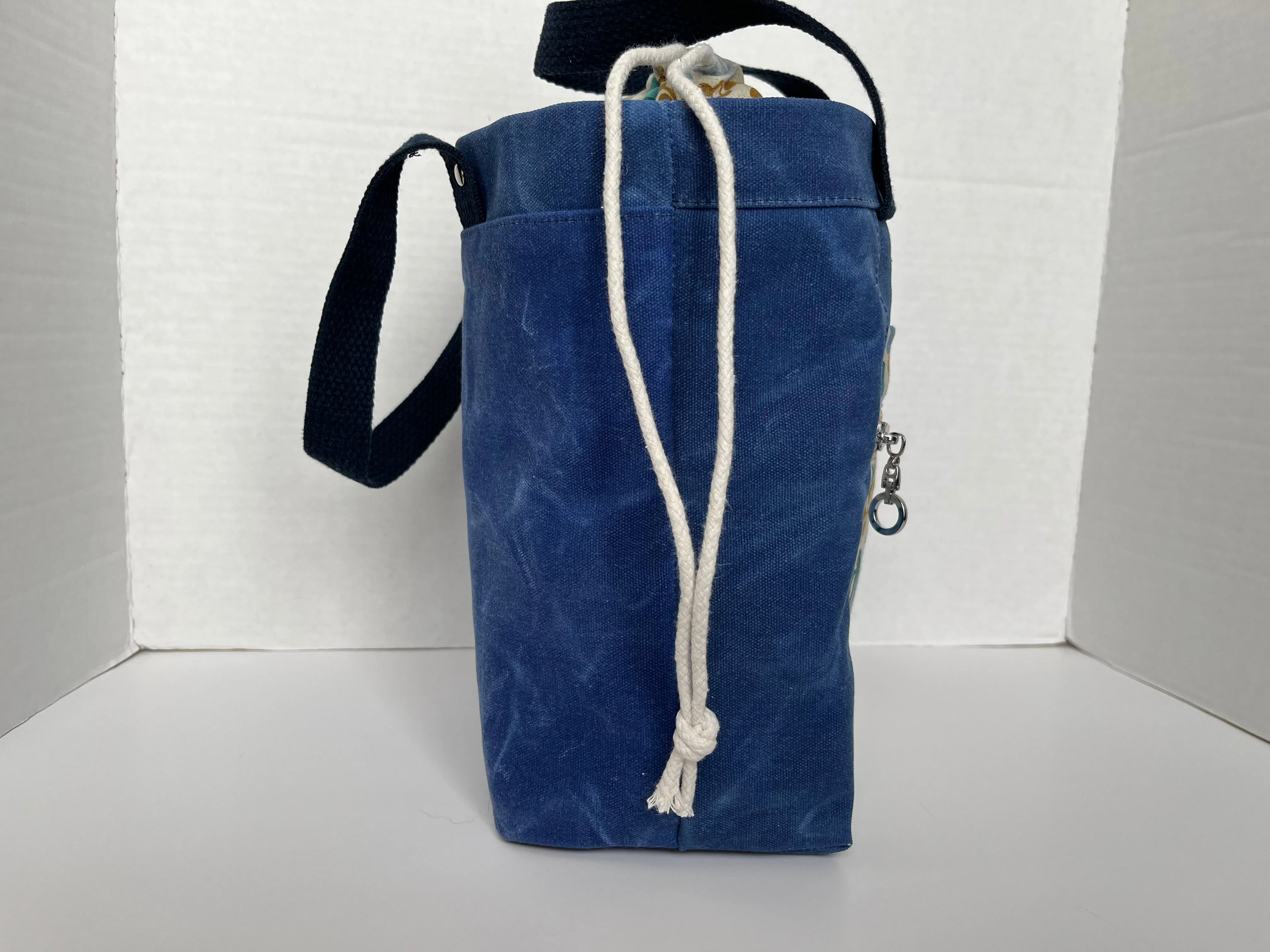 Blue Floral Themed Project Bag, Firefly Tote, Waxed Canvas