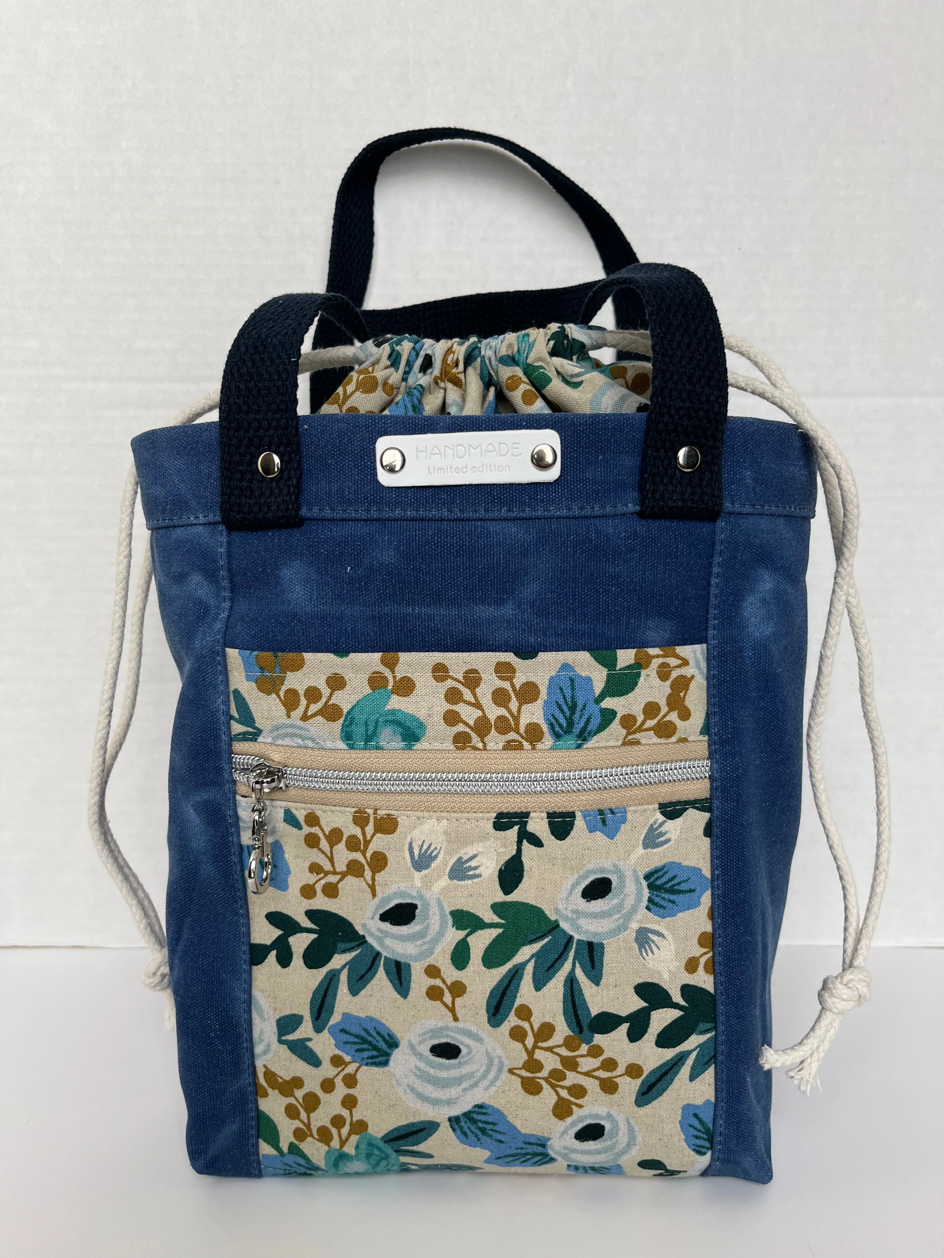 Blue Floral Themed Project Bag, Firefly Tote, Waxed Canvas