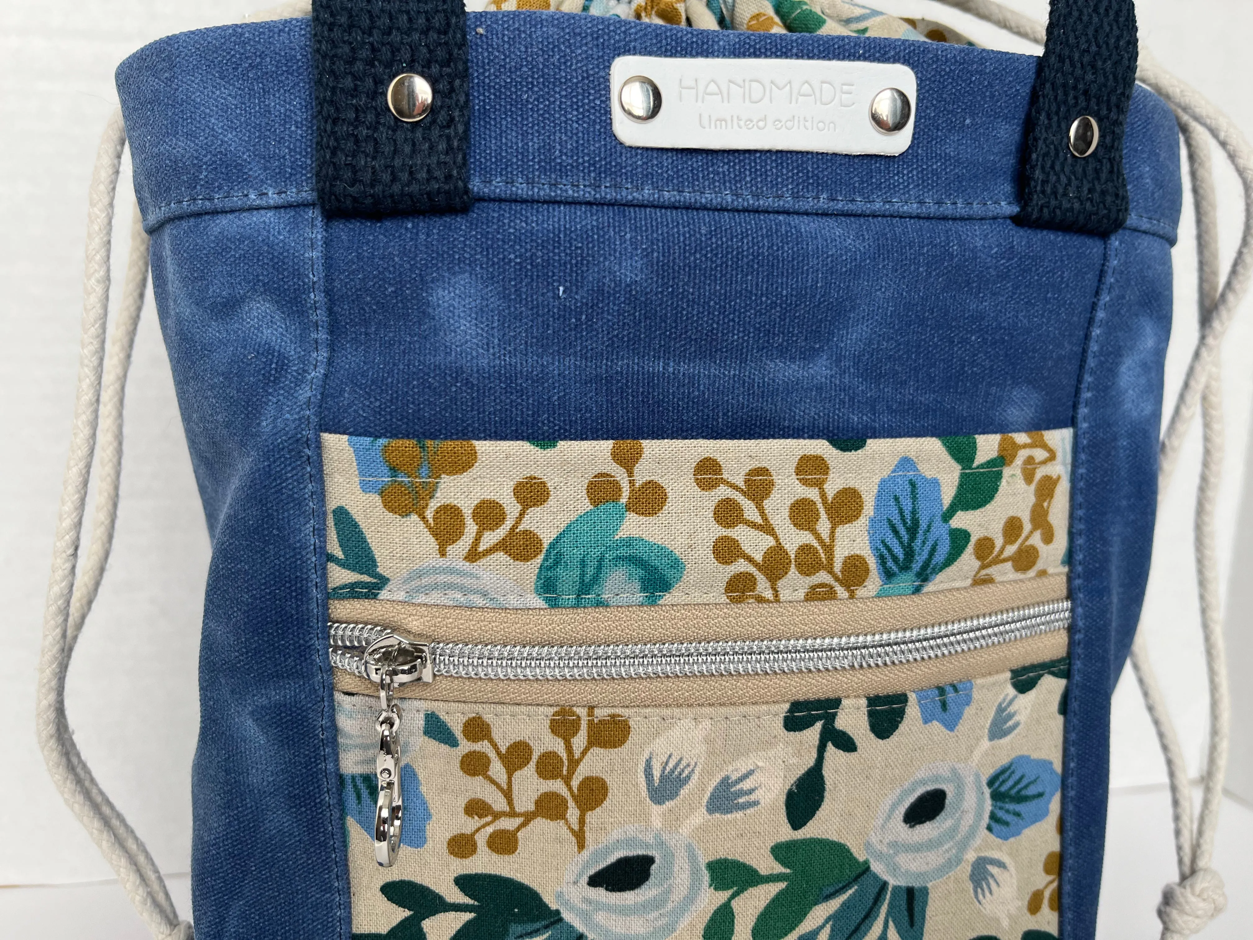 Blue Floral Themed Project Bag, Firefly Tote, Waxed Canvas