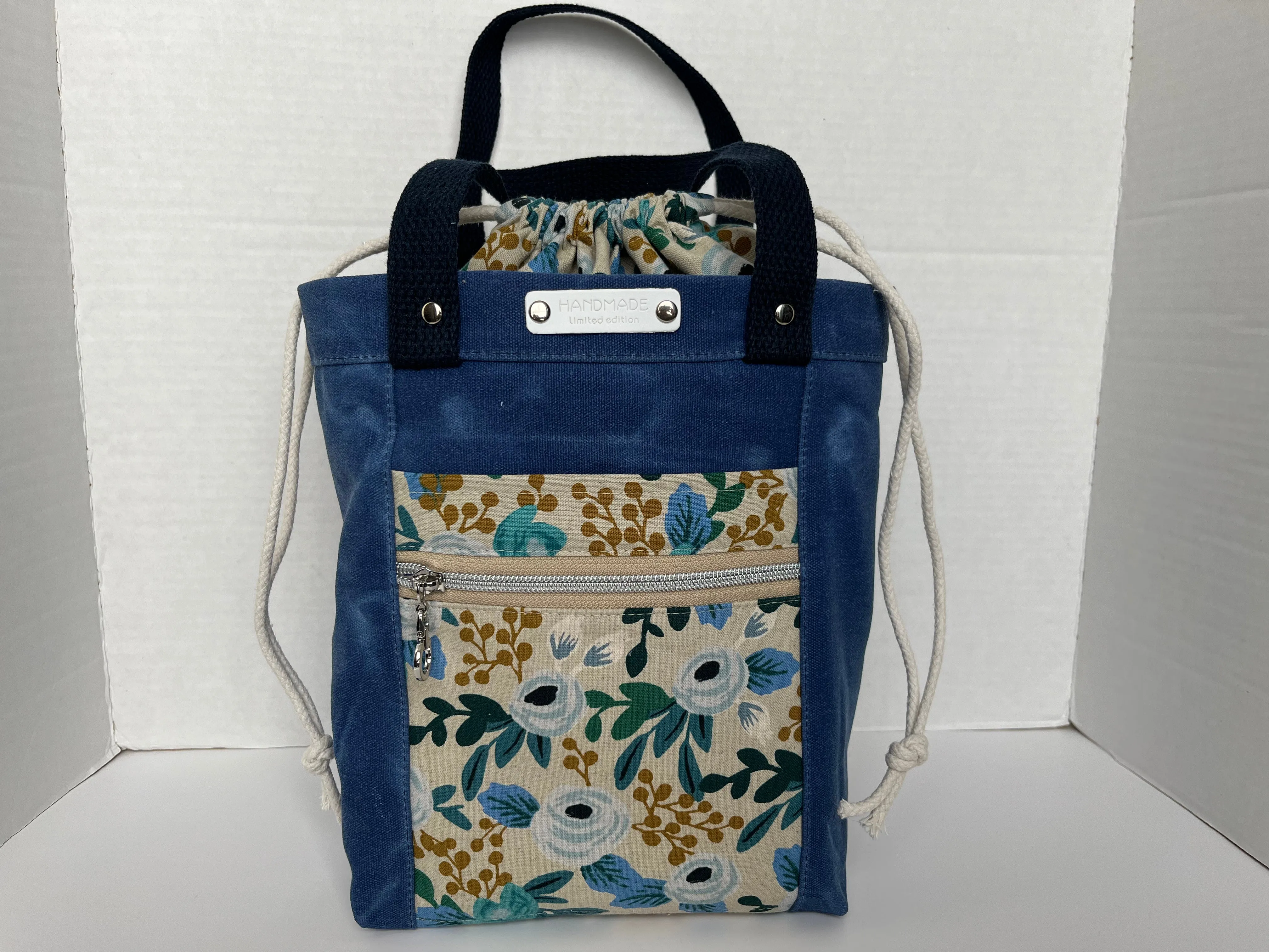 Blue Floral Themed Project Bag, Firefly Tote, Waxed Canvas