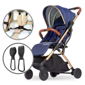 Blue Foldable & Lightweight Pram Bundle With Breathable Cushion & Bag Clips