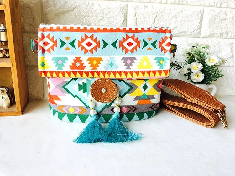 Bohemian fringed wide shoulder strap geometric envelope bag crossbody bag