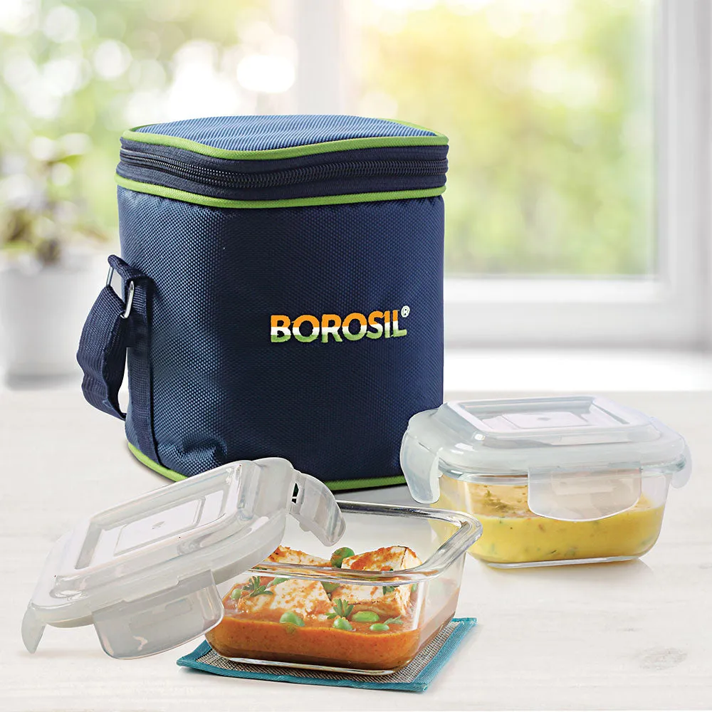 Borosil Pride Glass Lunch Box, Square x 2 (Tall Bag)