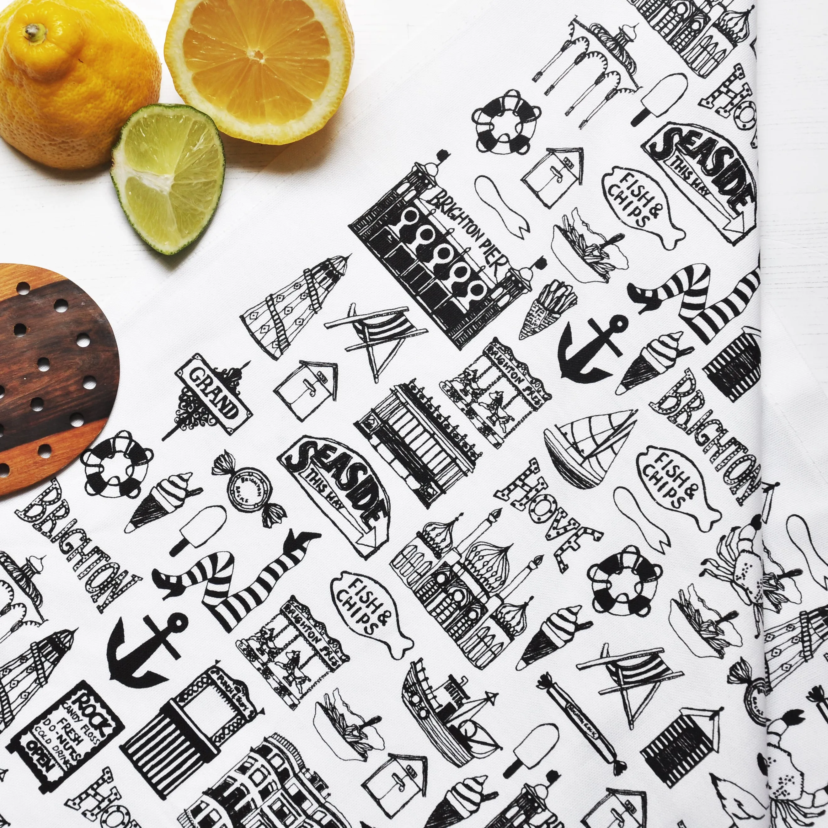 Brighton Illustrated Black And White Tea Towel