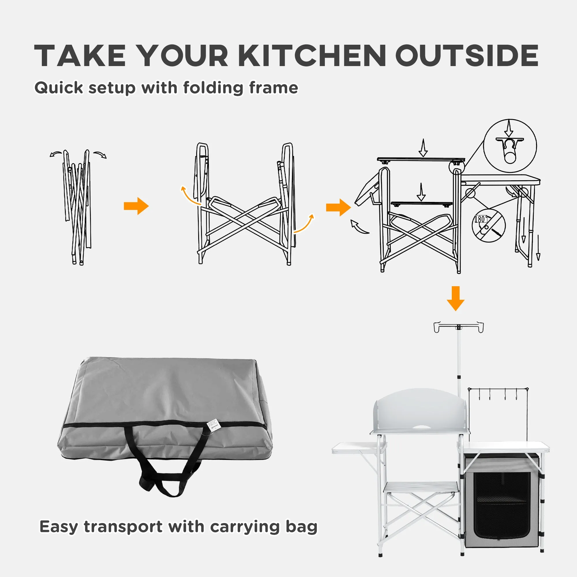 Camping Kitchen w/ Storage Cupboard, Folding Camping Table, Aluminium Picnic Table w/ Windshield, Stand, Carrying Bag