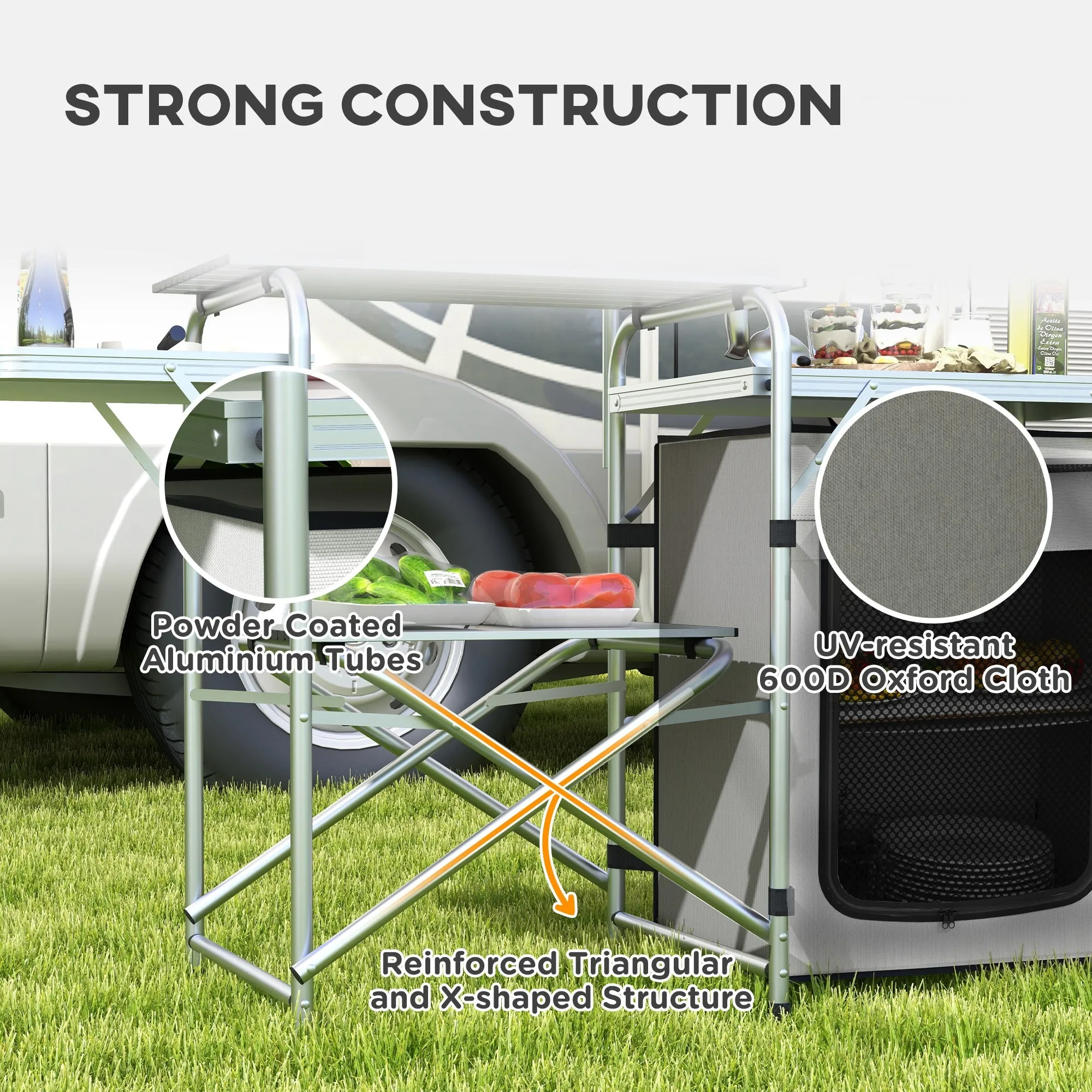 Camping Kitchen w/ Storage Cupboard, Folding Camping Table, Aluminium Picnic Table w/ Windshield, Stand, Carrying Bag