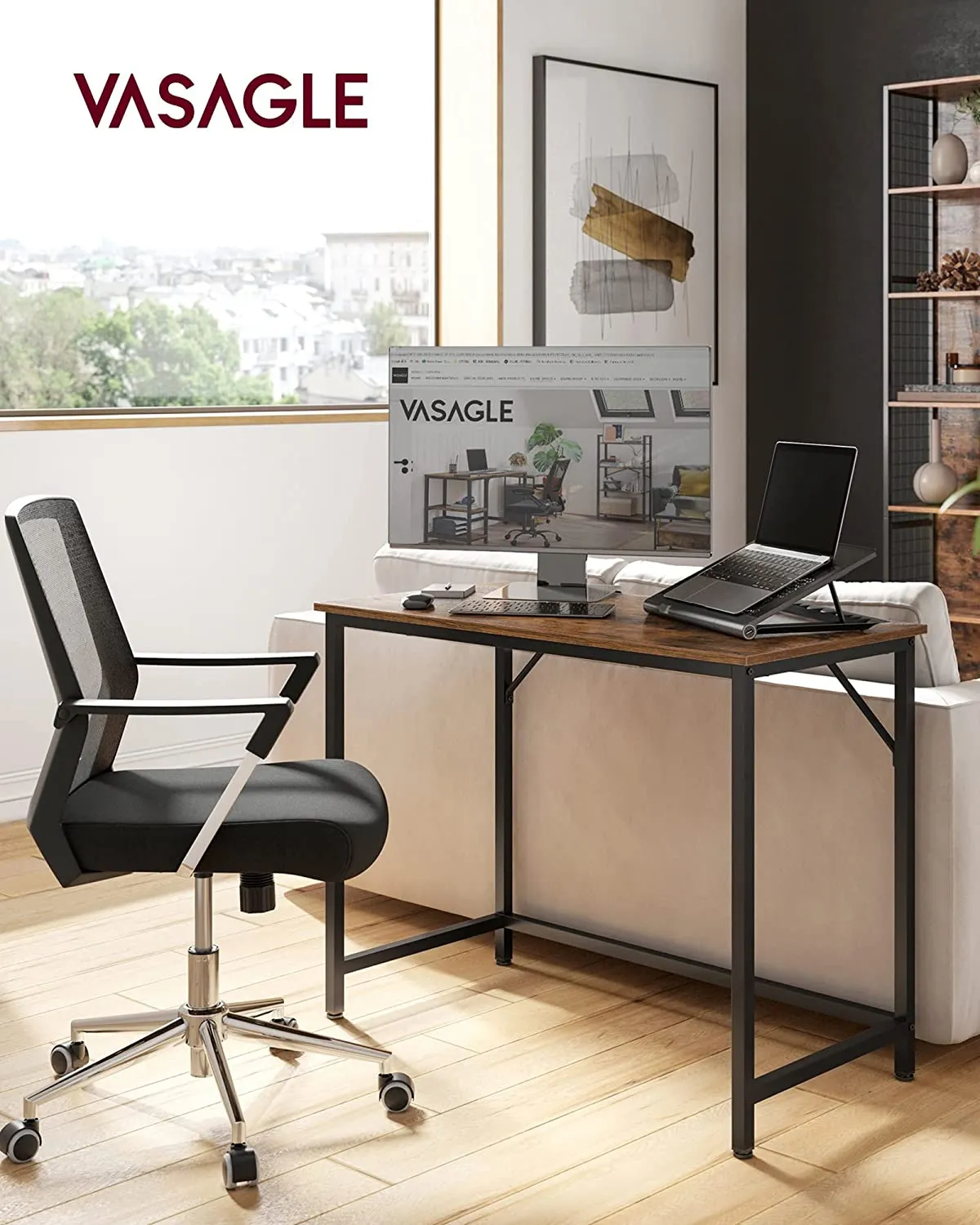 Compact Industrial Computer Desk, Rustic Brown and Black - VASAGLE