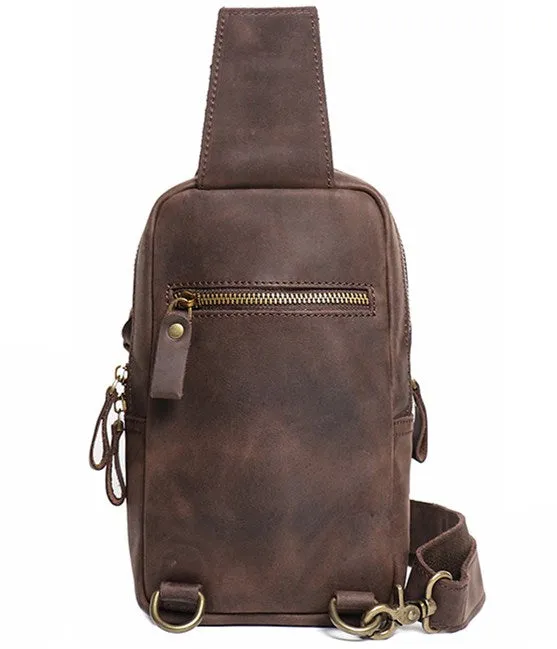 Crazy Horse Leather Sling Bag Vintage Leather Chest Bag Mens Crossbody Bag