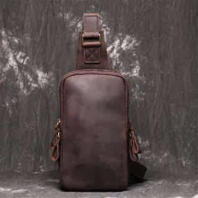 Crazy Horse Leather Sling Bag Vintage Leather Chest Bag Mens Crossbody Bag