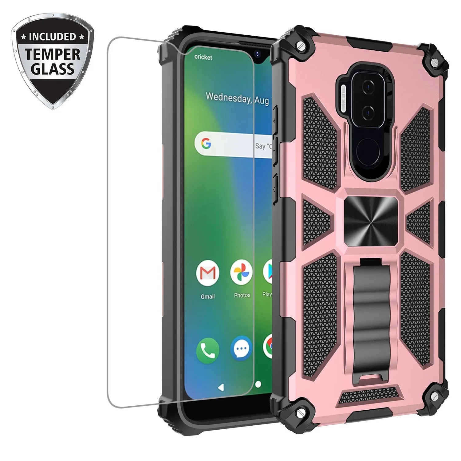 Cricket Influence Case/AT&T Maestro Plus Case [Military Grade] Ring Car Mount Kickstand Hybrid Hard PC Soft TPU Shockproof Protective Case - Rose Gold