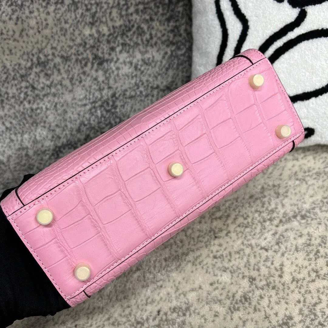 Crocodile Skin Leather Shoulder Crossbody Bag With Bamboo Handle Pink